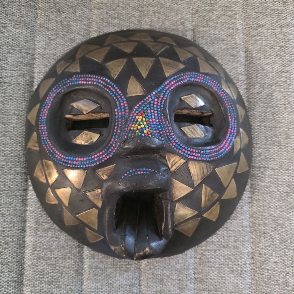 Antique AFRICAN CARVED Wood & Beads  HEAD MASK TRIBAL ART Wall Sculpture